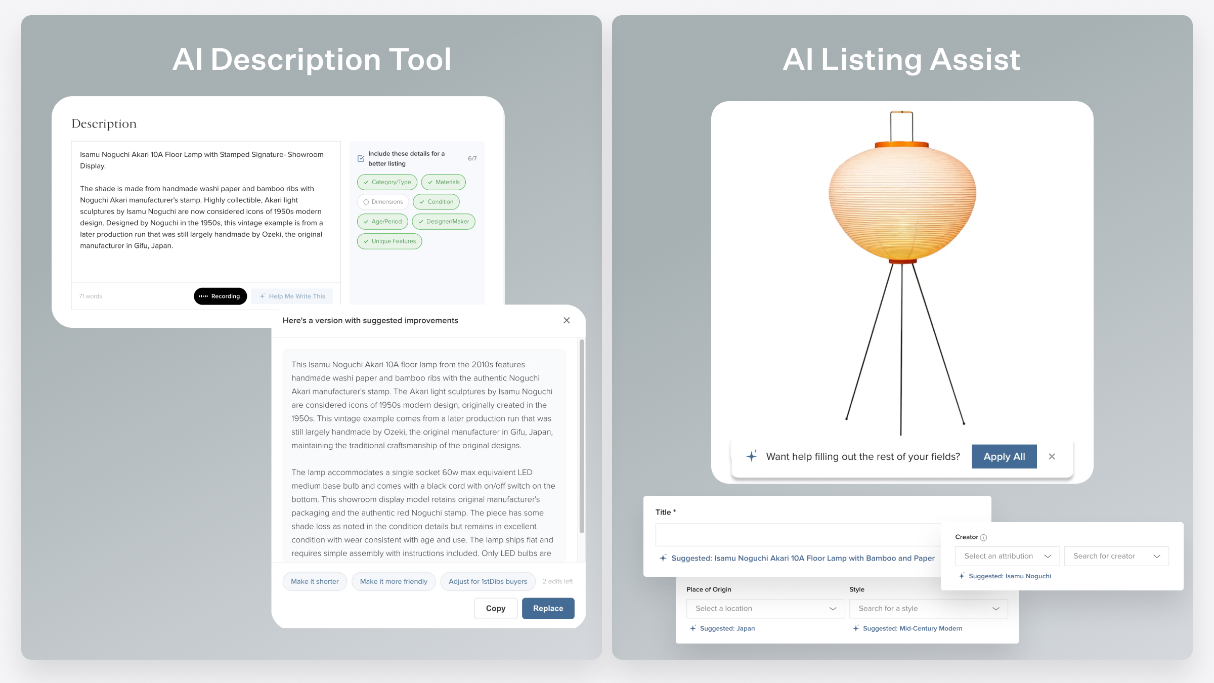 AI improvements including the AI Description Tool and AI Listing Assist features