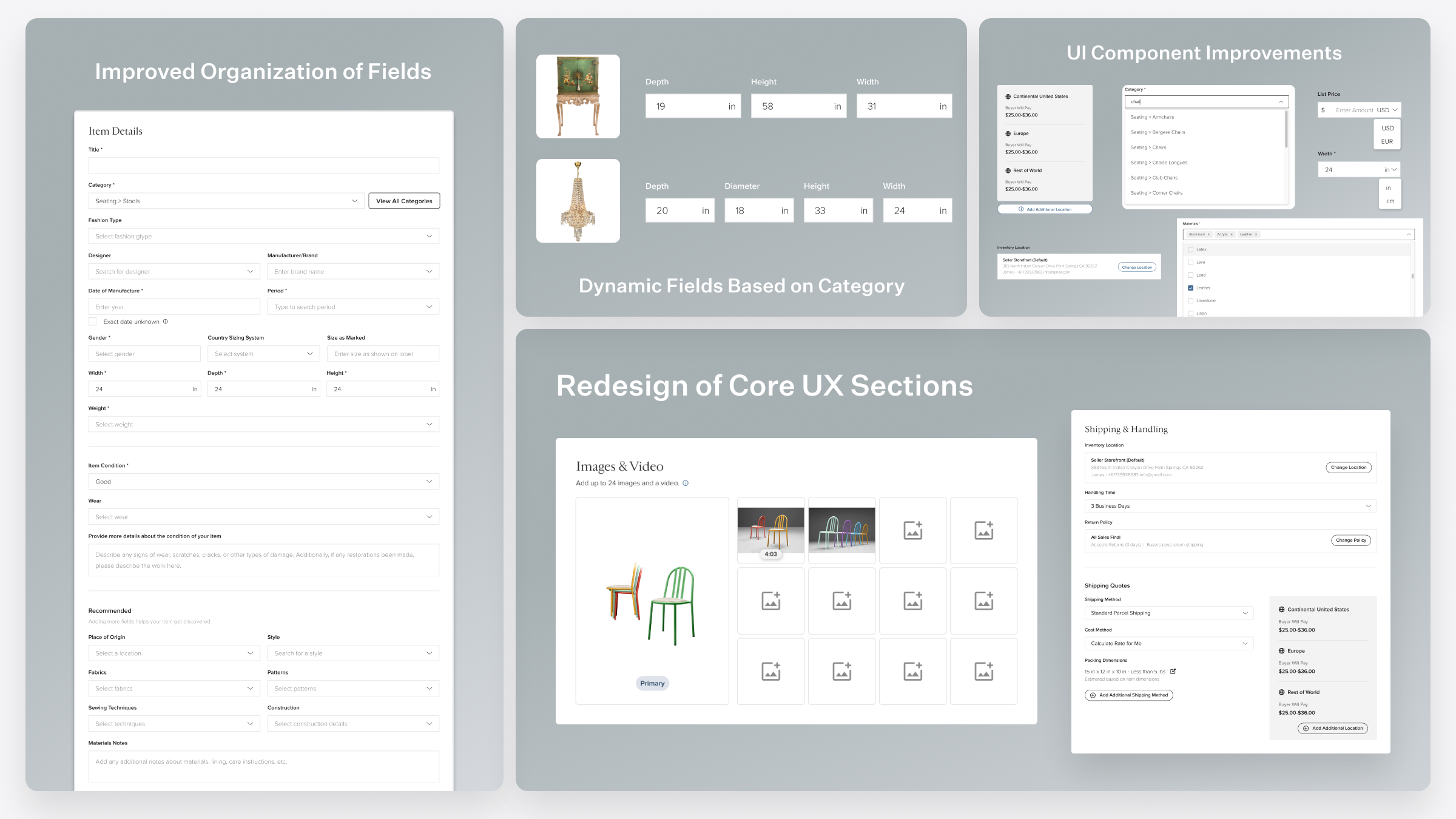 UX improvements including improved field organization, dynamic fields, UI component improvements, and redesigned core sections
